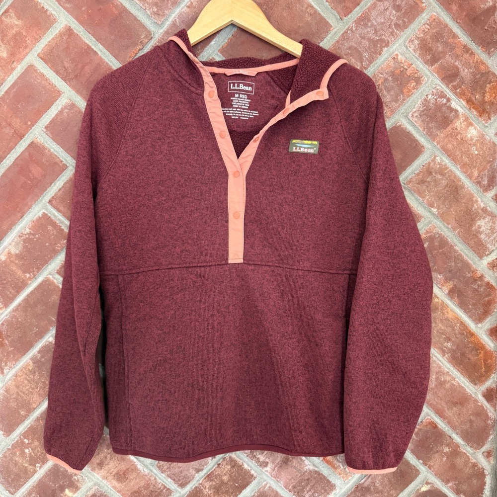 LL Bean Sweater Fleece Hoodie Womens Size Medium Burgundy Snap Neck Pullover